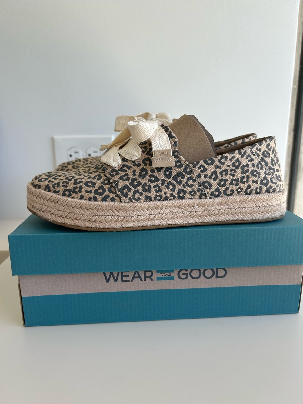 TOMS Leopard Espadrille Slip-On with Cream Ribbon Laces